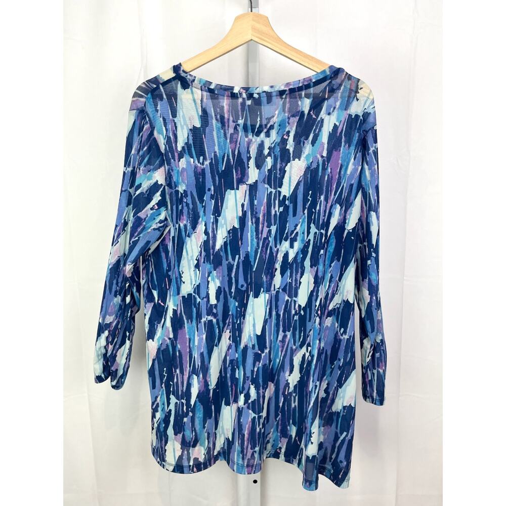 LOGO Size 1X Plus Lori Goldstein Printed 3/4 Sleeve Sheer Mesh Top Twilight Blue - Picture 2 of 6